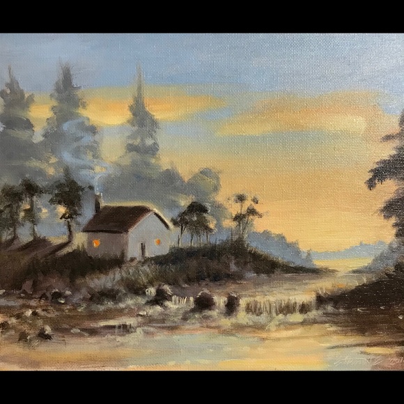 Artettina Other - Original oil painting cabin sunset Landscape art